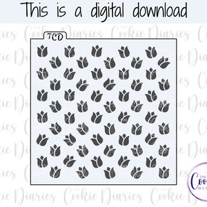 Puede incluir: Una plantilla de descarga digital con un patrón repetitivo de formas de tulipanes grises sobre un fondo blanco. La plantilla está etiquetada como "TCD" en la esquina superior izquierda.