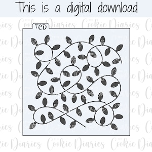 Op de afbeelding: Een digitaal downloadbaar sjabloonontwerp met een kerstverlichtingssnoer. De lampjes zijn in een continue lus gerangschikt, met de lampen in een willekeurig patroon. Het ontwerp is perfect voor het maken van feestelijke koekjes of andere knutselprojecten.