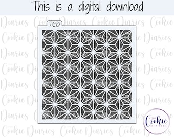 May include: A digital download of a black and white geometric pattern stencil. The pattern is made up of repeating stars and lines.