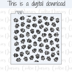 Puede incluir: Un esténcil para galletas azul claro con un patrón de bellotas grises oscuras. El texto "This is a digital download" está en la parte superior. El logotipo de Cookie Diaries es visible en el fondo.
