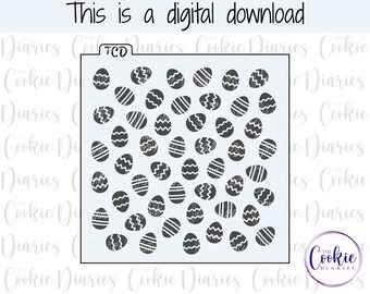 May include: A digital download stencil featuring a pattern of black and white Easter eggs. The stencil is designed for use with cookie decorating.
