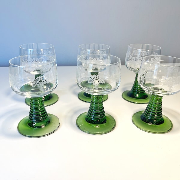 Beautiful Set of 6 Roemer Wine Glasses / Green stem / France / Germany