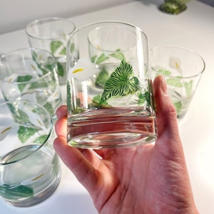 Peut inclure: Ensemble de six verres à boire en verre transparent avec un motif floral blanc et vert. Les verres présentent un lys blanc avec des feuilles vertes.