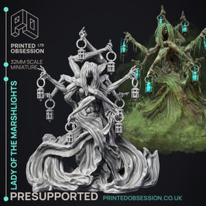 May include: A 32mm scale miniature of a female figure with multiple arms holding lanterns. The figure is made of grey plastic and is posed in a dramatic stance. The figure is pre-supported and is part of a set called "Lady of the Marshlights".