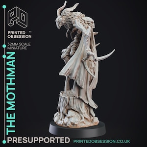 May include: A detailed, off-white miniature of a Mothman figure, standing on a textured base. The figure is holding two curved blades and has a detailed, feathered head. The text "THE MOTHMAN" is vertically displayed on the left side, with "32MM SCALE MINIATURE" above it.