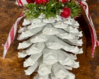 White Frosted Pinecone Ornament with Red Berries & Holiday Bow | Handmade Christmas Tree Decor |