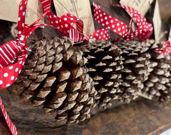 Pinecone Christmas Ornaments - Red Ribbon