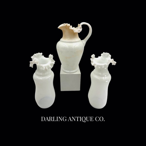 White Victorian Bristol Glass Opaline Glass Pitcher Vase Set Victorian Decor Victorian Antiques Antique Glass Feminine Decor Ruffled Glass