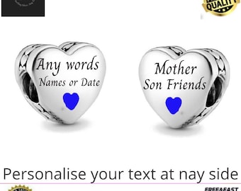 Personalized Sterling Silver Heart Charm Bead: Engraved Name Bracelet Charm