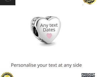 Personalized Sterling Silver Pink Heart Charm Bead - Engraved Name Fits Snake Bracelet, personalise Text