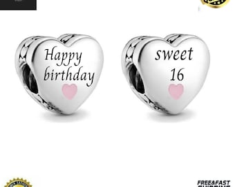 Sweet 16 Birthday Charm: 925 Sterling Silver Pink Heart Bead