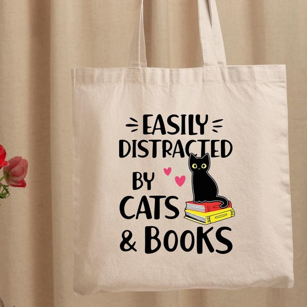 Bookish Gift,Funny Saying Tote Bag,Cat Tote Bag,Cat Lover Gift, Book Lover Gift,Easily Distracted By Cat and Books Tote,Aesthetic Tote Bag