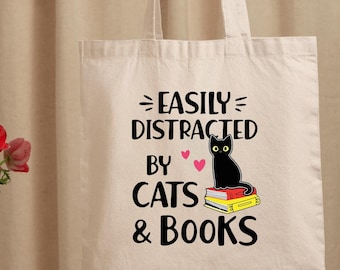 Bookish Gift,Funny Saying Tote Bag,Cat Tote Bag,Cat Lover Gift, Book Lover Gift,Easily Distracted By Cat and Books Tote,Aesthetic Tote Bag