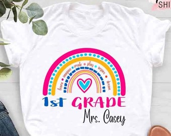 First Grade Crew, Personalized First Grade Teacher T-Shirt, Back To School Shirt, 1st Grade Rainbow Teacher Tees, Custom Name Teacher Shirt