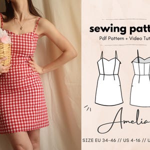 Puede incluir: Un patrón de costura para un vestido de cuadros rojos y blancos llamado "Amelia". El patrón incluye un patrón PDF y un tutorial en video. Las tallas incluidas son EU 34-46, US 4-16 y UK 6-18.