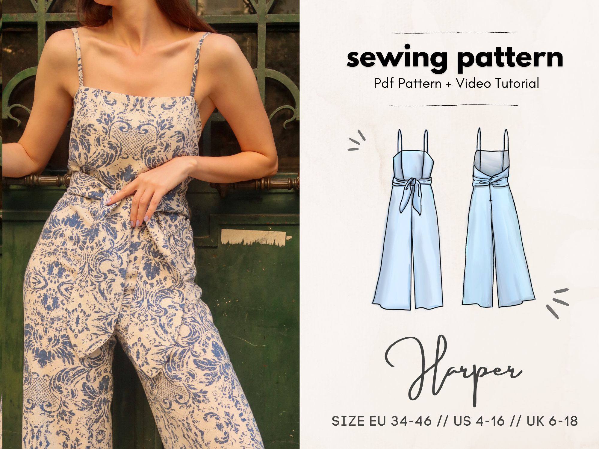 Harper Jumpsuit Digital PDF Sewing Pattern // US 4-16 EU - Etsy UK