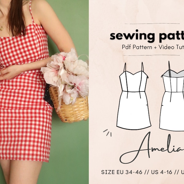 Amelia Spagetti Strap Dress + Bustier Digital PDF Sewing Pattern // US 4-16 - EU 34-46 // Instant Download with all 7 Sizes