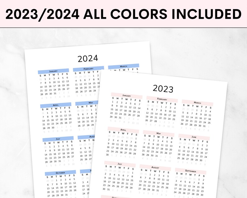 Printable 2023 2024 Yearly Calendar Year at A Glance Year Etsy Canada