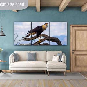 Op de afbeelding: Een drieluik canvas print met een Caracara vogel op een tak tegen een blauwe lucht. Het kunstwerk wordt weergegeven boven een witte hoekbank. De afmetingen zijn 102x229 cm.