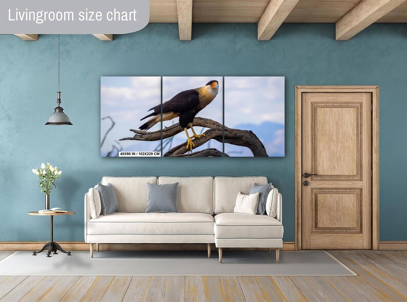Op de afbeelding: Een drieluik canvas print met een Caracara vogel op een tak tegen een blauwe lucht. Het kunstwerk wordt weergegeven boven een witte hoekbank. De afmetingen zijn 102x229 cm.