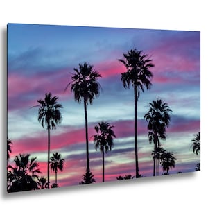 May include: A vibrant photograph of palm trees silhouetted against a colorful sunset. The sky transitions from blue to pink and purple hues, creating a dramatic backdrop for the tall, slender trees.