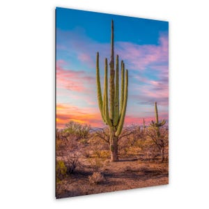 May include: A vibrant desert landscape print featuring a large saguaro cactus under a colorful sky. The image showcases the cactus's green color against a backdrop of a sunset with pink, orange, and blue hues. The desert floor is filled with dry brush.