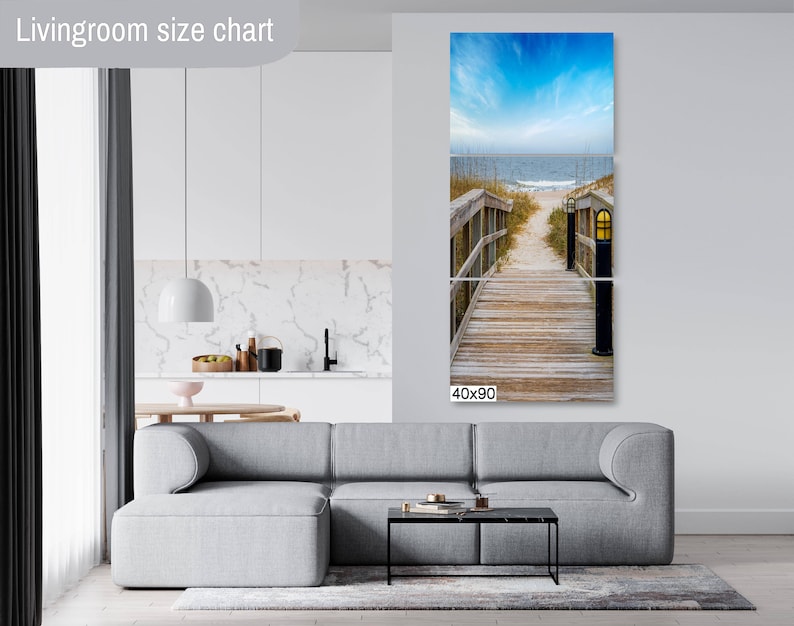 May include: A three-panel canvas print depicting a wooden walkway leading to a beach with blue sky and ocean in the background. The print is 40 inches wide by 90 inches tall.