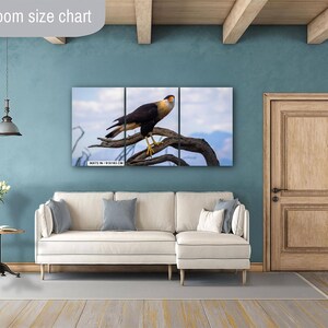 Op de afbeelding: Een drieluik canvas print van een kuifcaracara vogel die op een tak zit tegen een bewolkte lucht. Het kunstwerk wordt weergegeven boven een cr&egrave;mekleurige hoekbank. De kamer heeft een blauwgroene muur, een houten deur en een houten vloer.