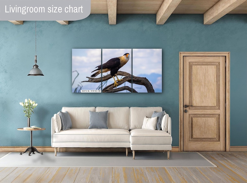 Op de afbeelding: Een drieluik canvas print van een kuifcaracara vogel die op een tak zit tegen een bewolkte lucht. Het kunstwerk wordt weergegeven boven een cr&egrave;mekleurige hoekbank. De kamer heeft een blauwgroene muur, een houten deur en een houten vloer.