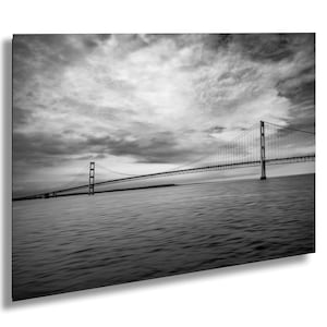 Bridging Time: Mackinac Bridge Michigan&#39;s Upper and Lower Peninsulas Print Wall Art The Mighty Mac Bland and White Metal/Aluminum/Canvas