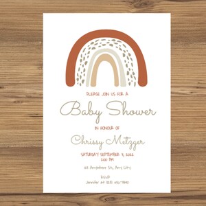 Plantilla de invitación de baby shower arco iris de terracota, invitación de arco iris boho, invitación de baby shower de género neutro, invitación editable 5by7