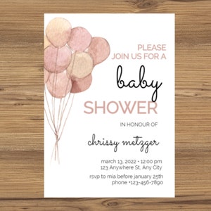 Pink Balloons Baby Shower Invitation Template, Boho Pink Balloons, Girl Baby Shower Invite, Printable Pink Shower Invite, Editable 5by7