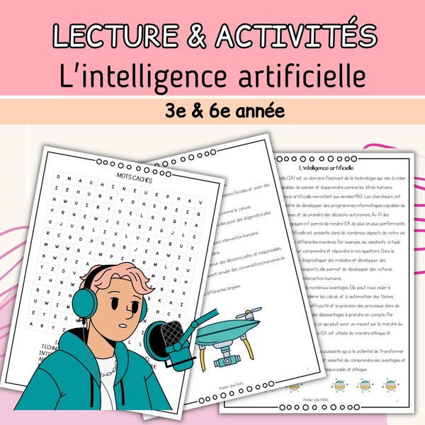 Artificial Intelligence: French Reading Comprehension & Writing Activities, Elementary Students, Vocabulary Activities, Word Search 8-12 y/o
