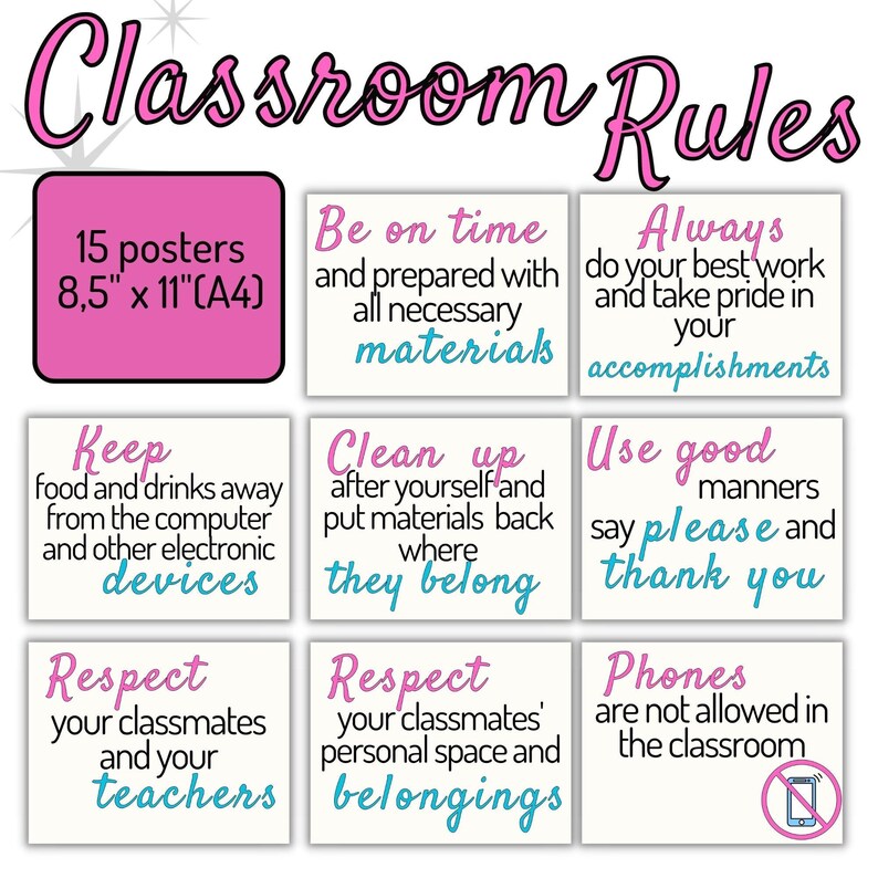 Colorful Classroom Rules Posters Set, Bulletin Boards, Classroom Rules