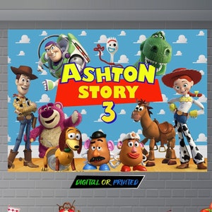 Fondo personalizado, pancarta de cumpleaños de Toy Story con imagen, decoración de fiesta personalizada, póster digital/impreso de Toy Story para niños, ideas para fiestas