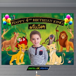 Custom Backdrop, Lion King Birthday Poster with Picture, Personalize Printed Banner for Boys & Girls, Digital Simba Nala Party Decoration