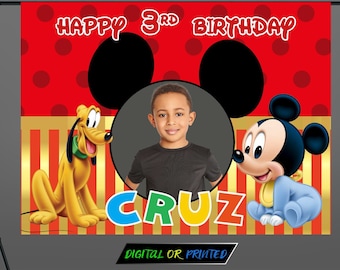 Fondo de Mickey personalizado, pancarta de cumpleaños de Mickey Mouse, decoración de fiesta de Mickey impresa personalizada con imagen, póster digital para niños