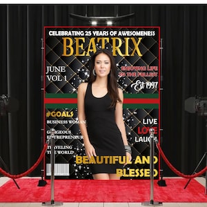May include: A black and gold magazine cover with the title "BEATRIX" and the text "Celebrating 25 years of awesomeness." The cover features a woman in a black dress and a black background with gold and white accents. The text "June Vol 1" is in the top left corner and "Enjoying life to the fullest Est 1997" is in the top right corner. The text "#Goals" is in the left column and "Live Love Laugh" is in the right column. The text "Beautiful and Blessed" is at the bottom of the cover.