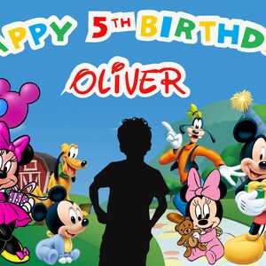 May include: A blue background with the text "Happy 5th Birthday Oliver" in colorful letters.  There are cartoon characters from Disney, including Mickey Mouse, Minnie Mouse, Pluto, and Goofy.  There are also balloons in the background.