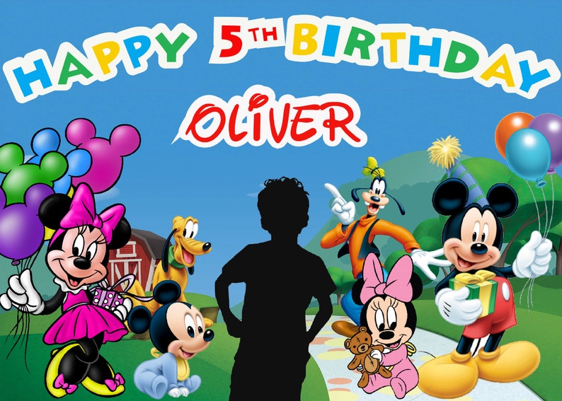 May include: A blue background with the text "Happy 5th Birthday Oliver" in colorful letters.  There are cartoon characters from Disney, including Mickey Mouse, Minnie Mouse, Pluto, and Goofy.  There are also balloons in the background.