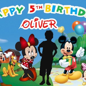 May include: A colorful Happy 5th Birthday banner with the name Oliver in red. Mickey Mouse, Minnie Mouse, Goofy, Pluto, and a silhouette of a child are in front of a cartoon farm scene.