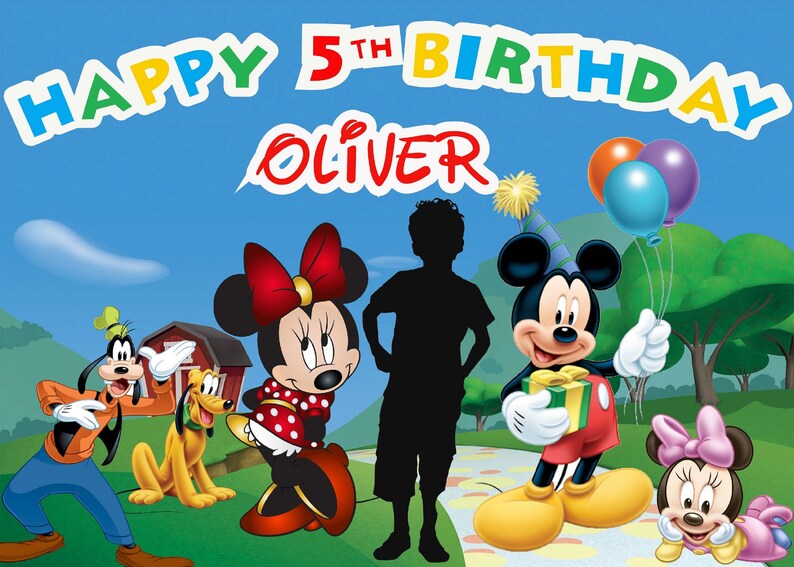 May include: A colorful Happy 5th Birthday banner with the name Oliver in red. Mickey Mouse, Minnie Mouse, Goofy, Pluto, and a silhouette of a child are in front of a cartoon farm scene.