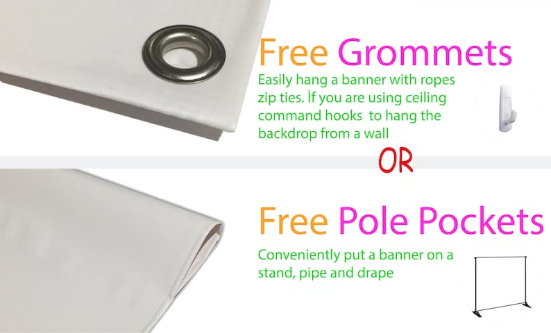 Puede incluir: Una pancarta blanca con un ojal plateado y texto que dice "Ojales gratis" y "Bolsas para postes gratis". El texto describe c&oacute;mo colgar la pancarta usando ojales o bolsas para postes.