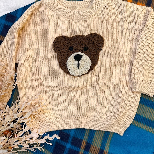 Crochet Bear sweater, Custom Embroidery Sweater, animal m sweaters for babies and toddlers,