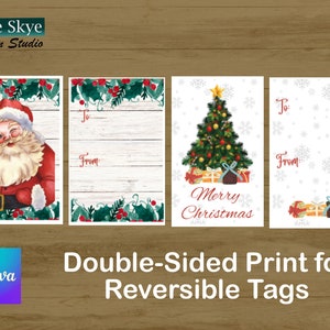 Editable Christmas Gift Tags-Printable-Reversible-Canva Template-Santa-Christmas Tree-Merry Christmas