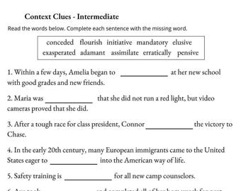 Context Clues Intermediate Level - Grades 6-8 - Middle School Vocabulary - Printable