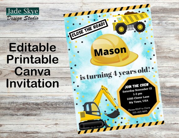 Construction Party Invitation Editable Printable Canva - Etsy