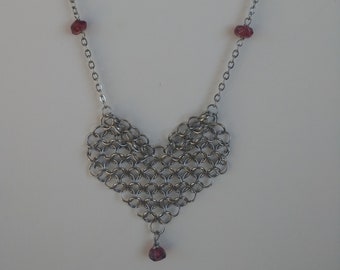 Chainmaille (or Chainmail) Heart with Garnet Stone, Beaded Rolo Chain Necklace