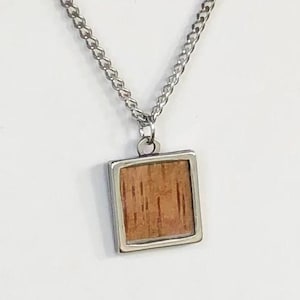 Real River Birch Tree Bark in Resin square pendant, 20&quot; Curb Chain Necklace