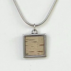 Real River Birch Tree Bark in Resin square pendant, 18&quot; Snake Chain Necklace